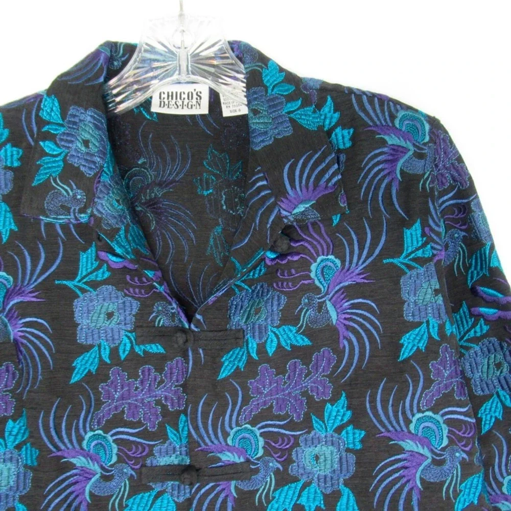CHICO’S Japanese Asian Inspired Embroidered Silk Linen Blend Toggle Front Jacket